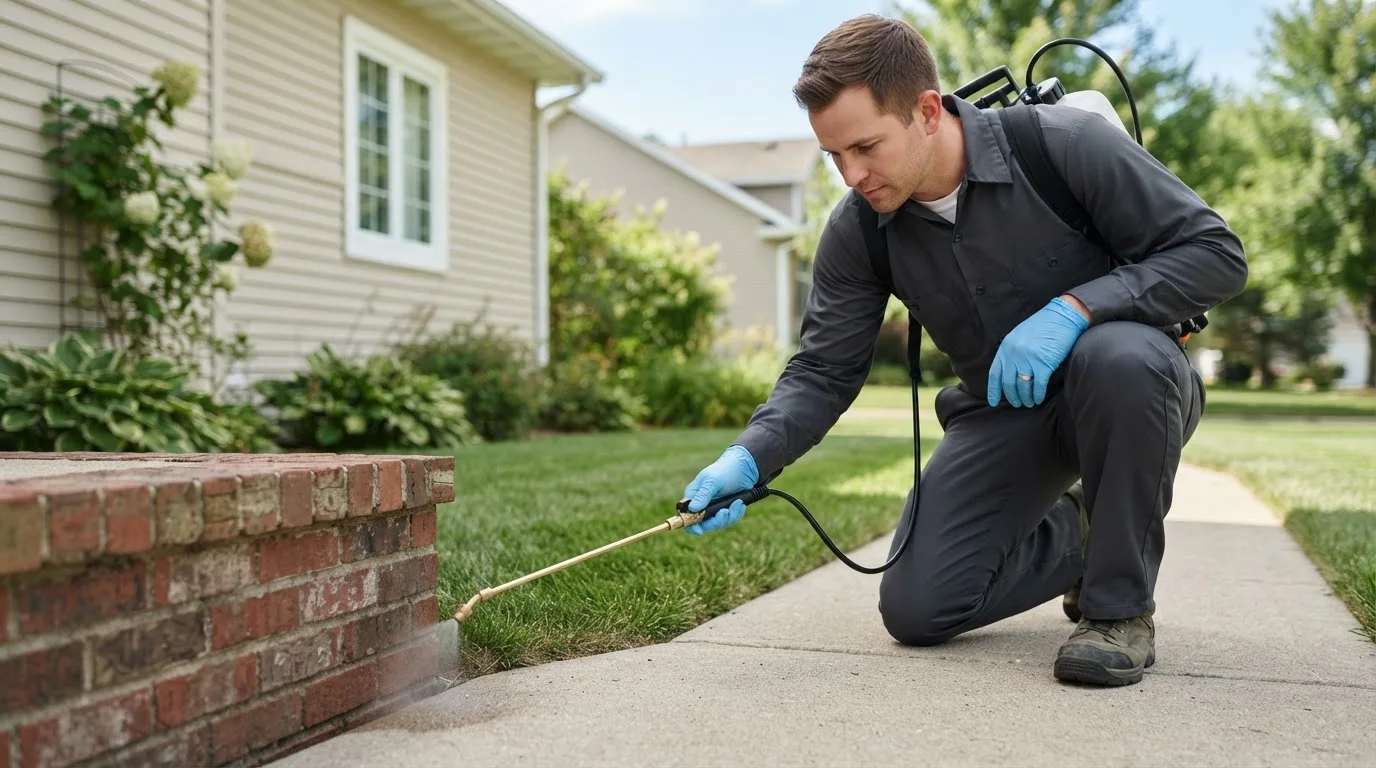 Pest control technician treating a home near Brogan, OR